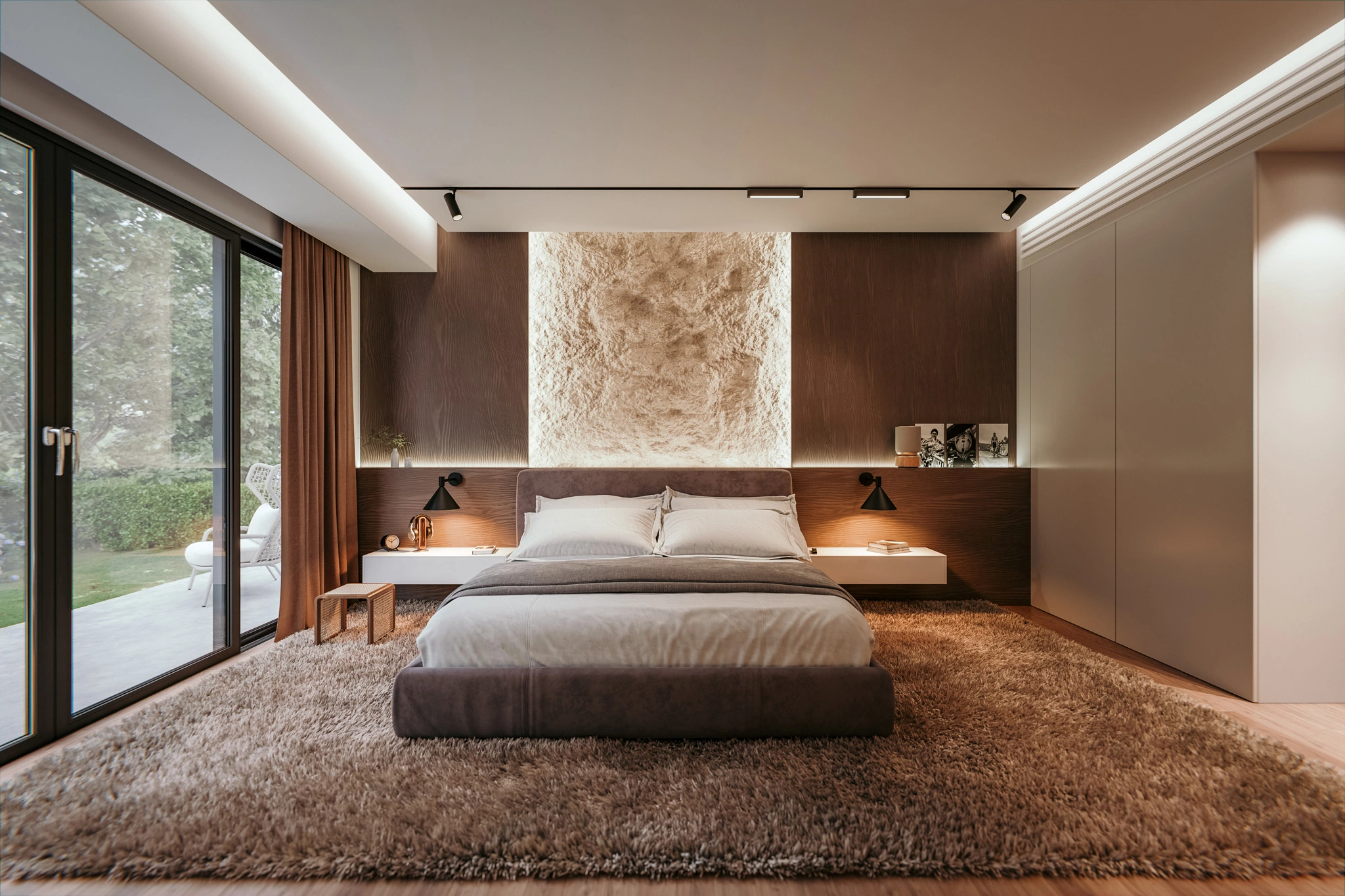 Randare 3D design dormitor matrimonial cu mobilier custom
