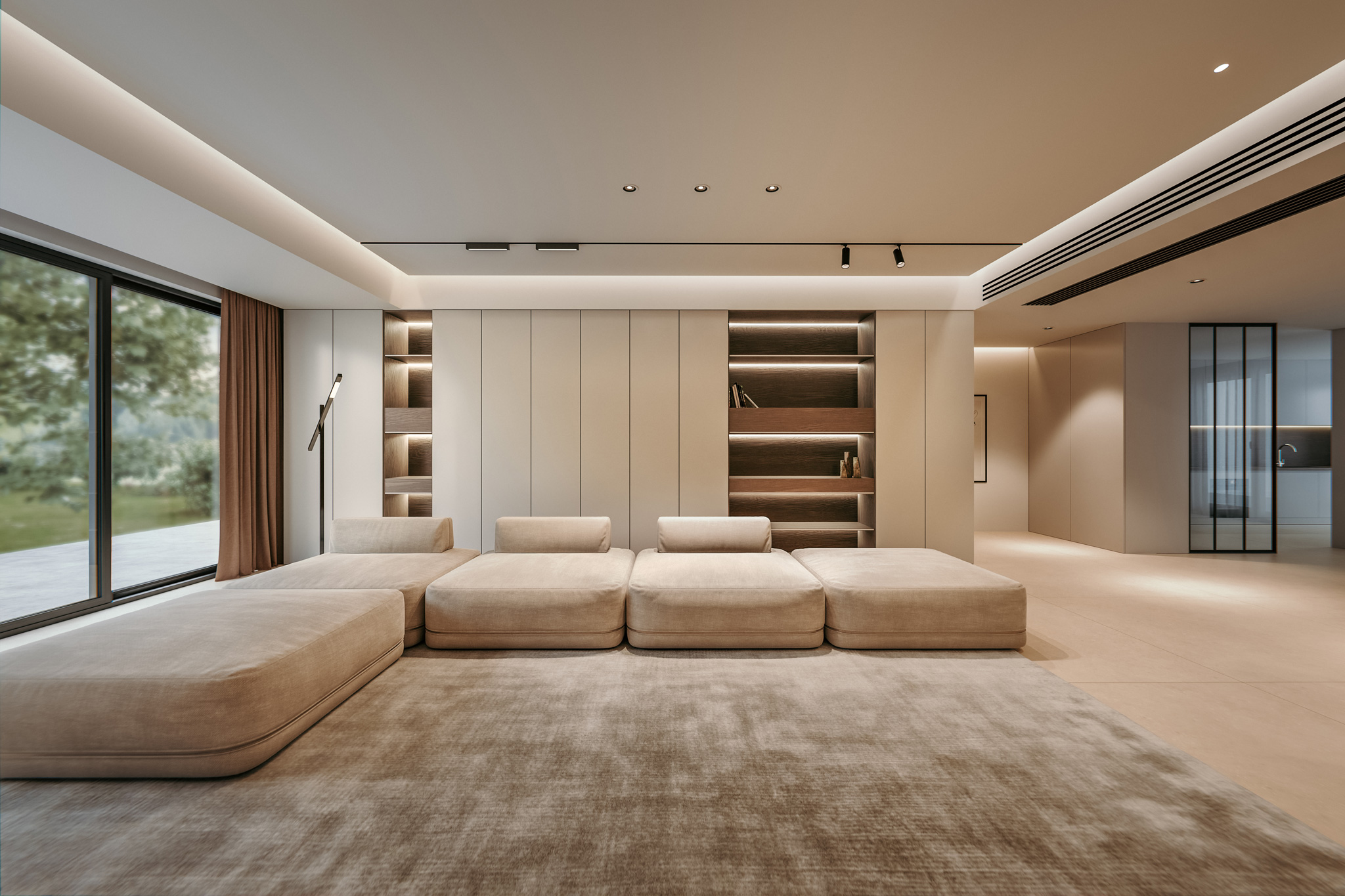 Randare fotorealistă living cu texturi realiste și decor modern
