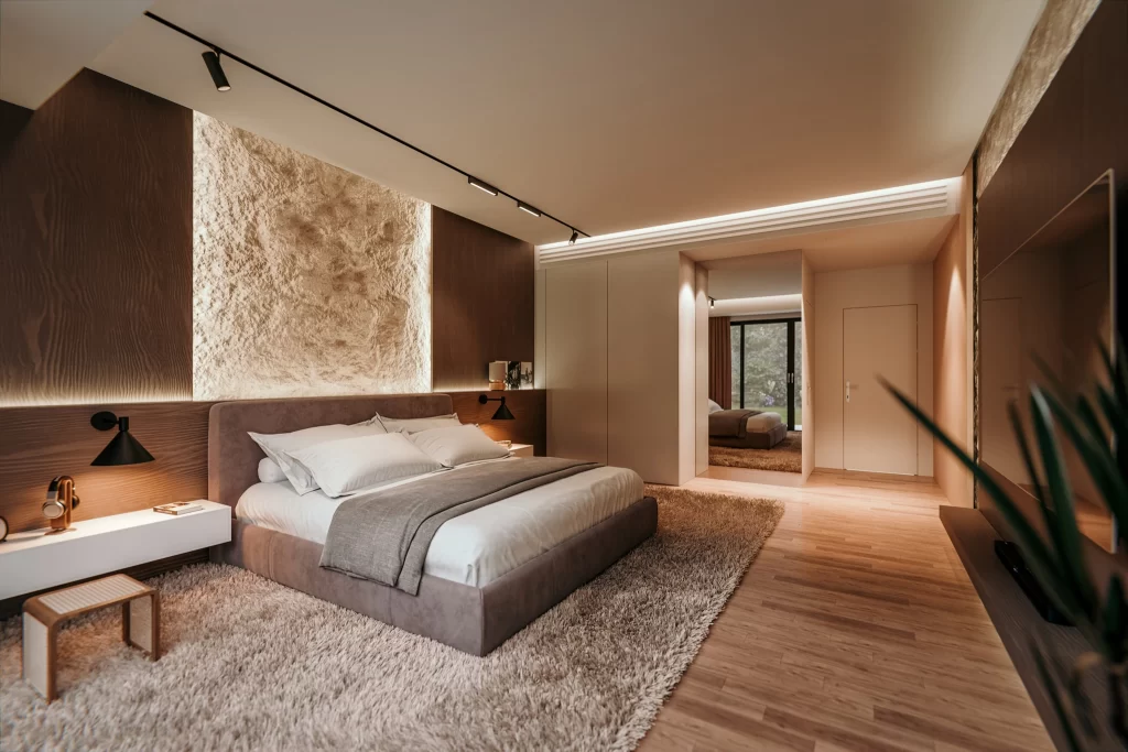 Randare fotorealistă dormitor cu decor minimalist și lemn natur