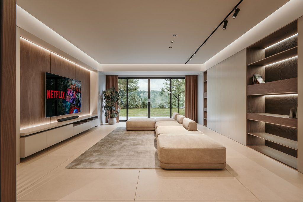 Vizualizare 3D living spațios cu mobilier minimalist